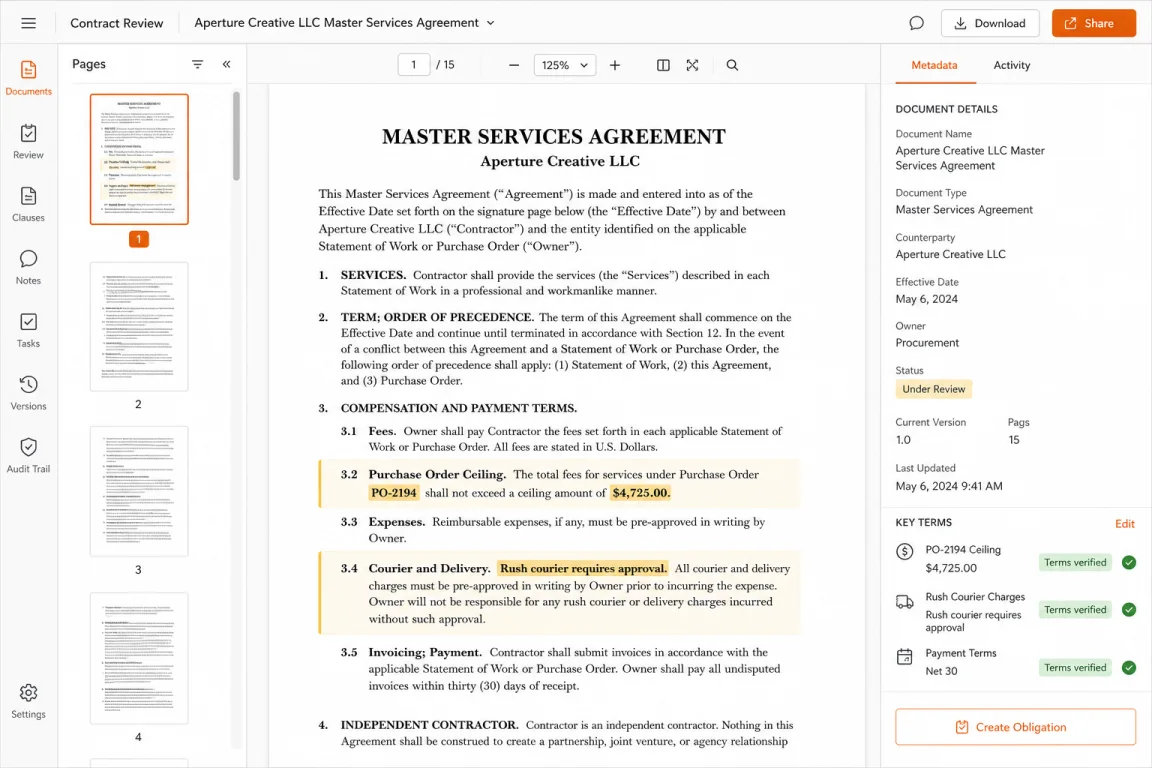 Contract viewer highlighting the purchase-order ceiling and rush courier terms