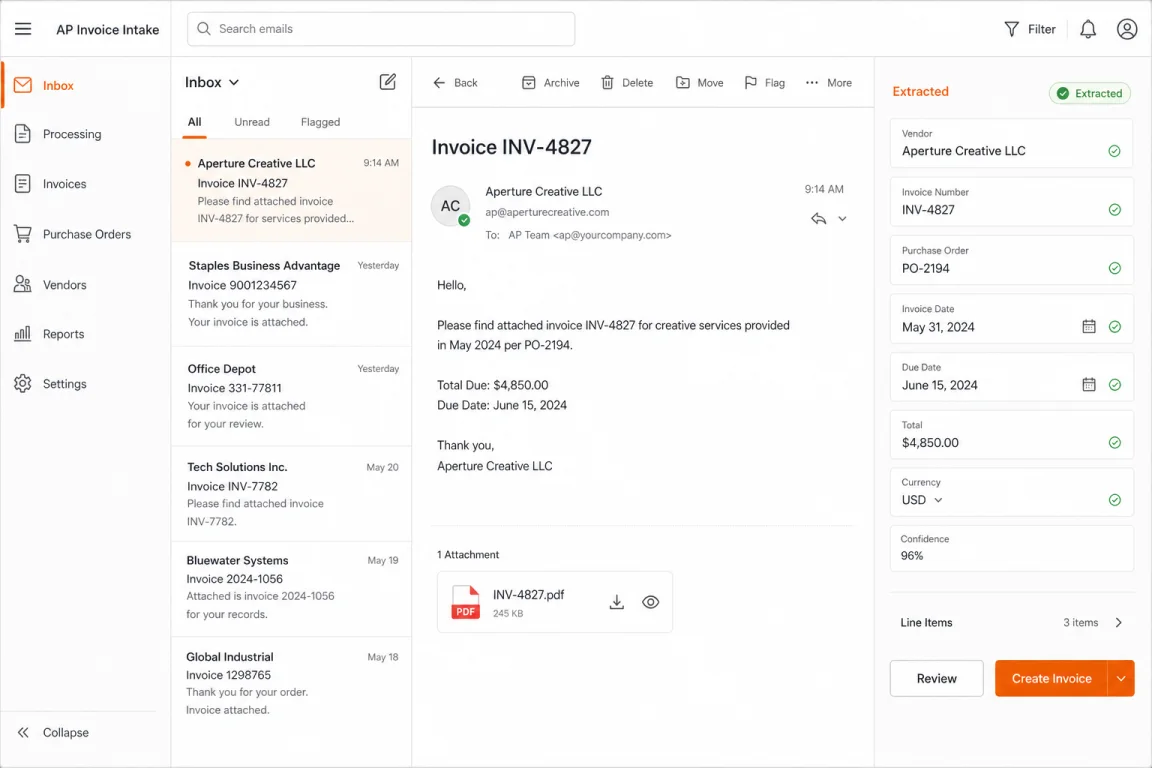 Invoice intake showing an Aperture Creative email and extracted invoice fields