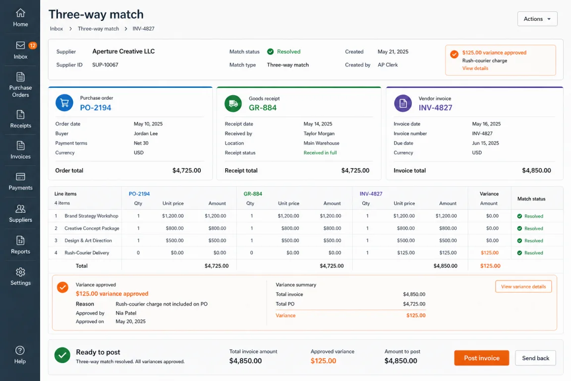 Three-way match between PO-2194, GR-884, and invoice INV-4827