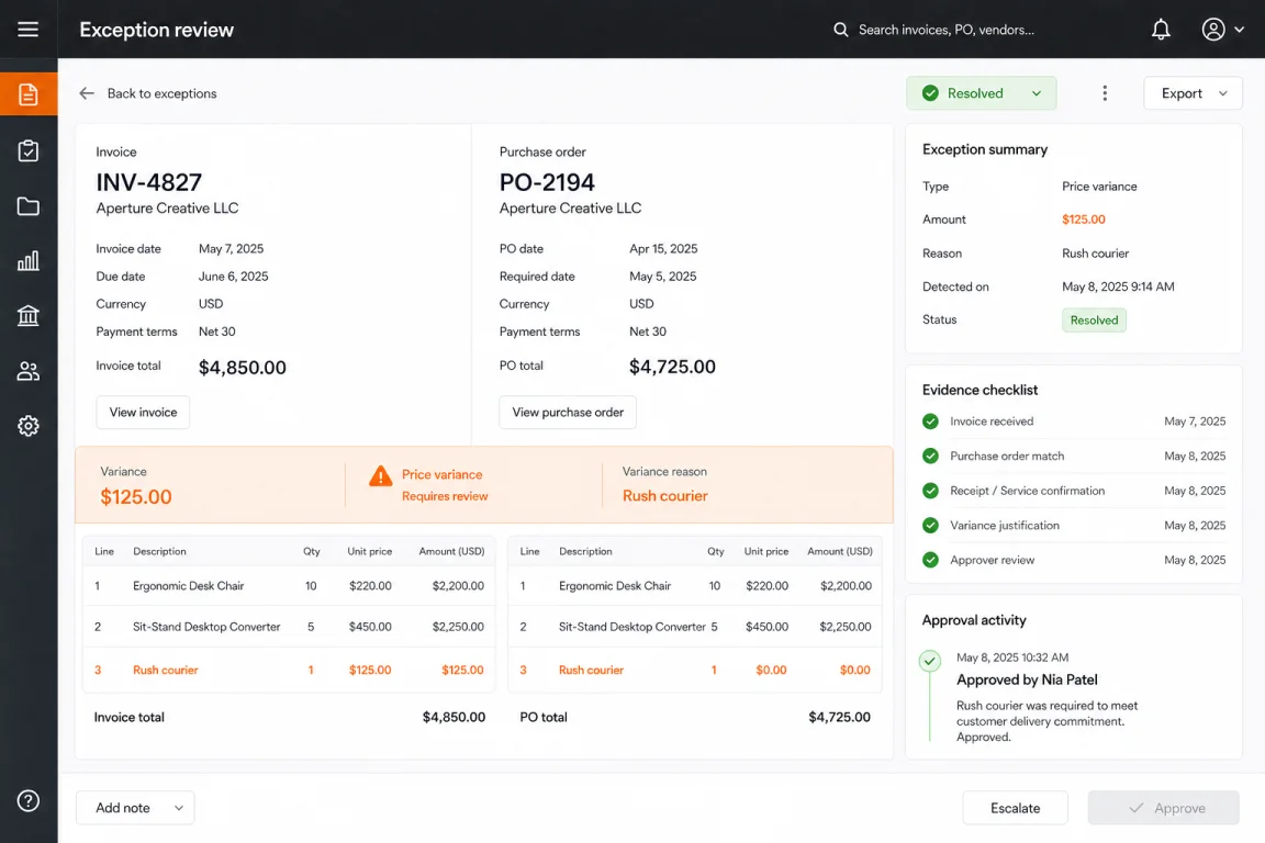Exception review comparing invoice INV-4827 with purchase order PO-2194